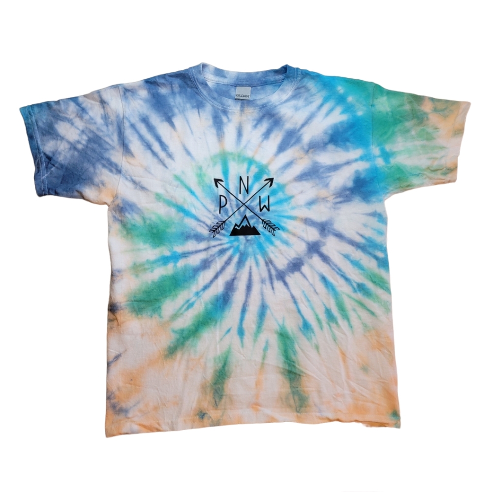 Gildan Green and Blue Tie Dye T-Shirt PNW Mountains Size Youth Large